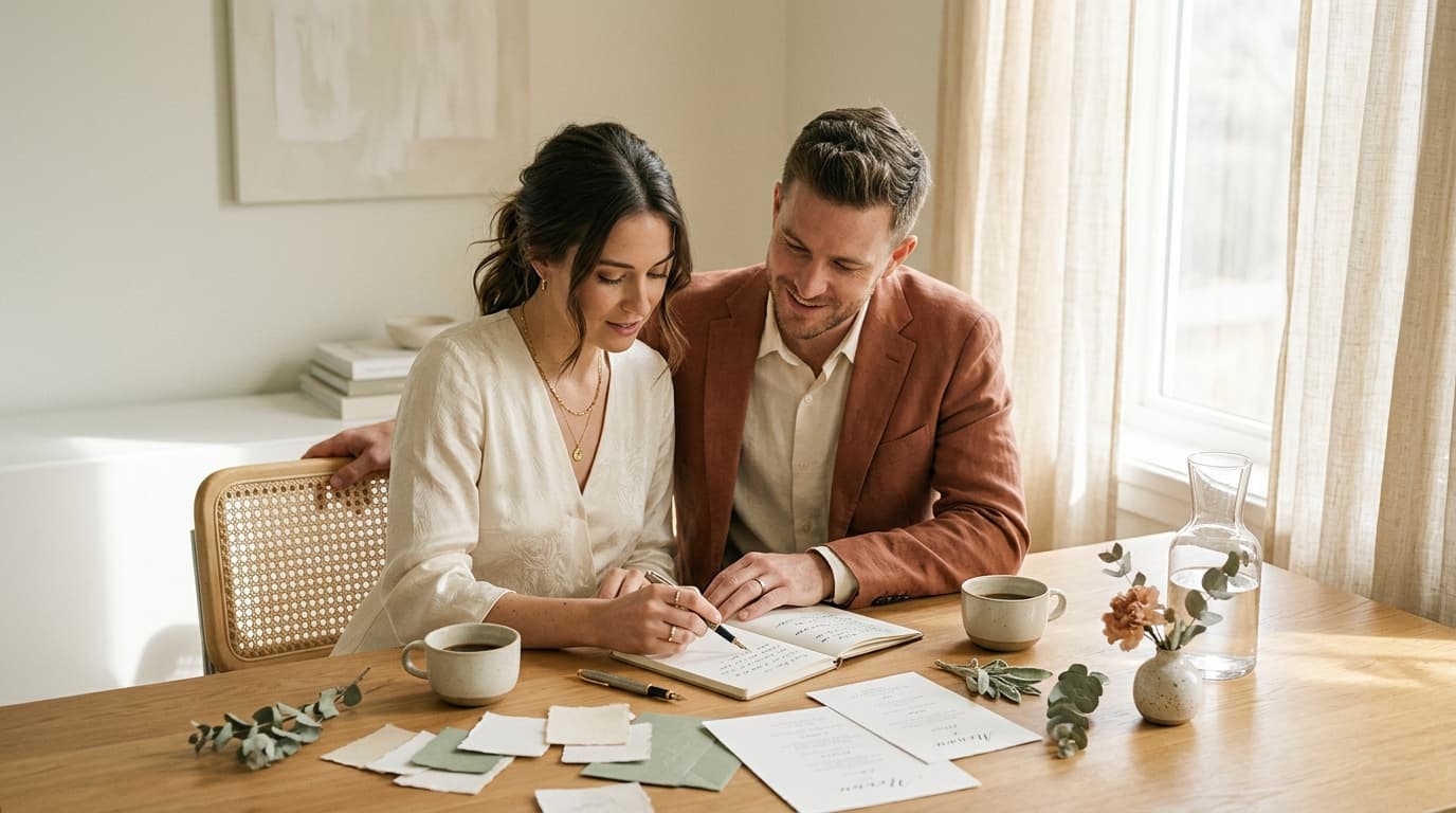 Noivos sentados juntos revisando anotações e contratos de casamento em mesa elegante