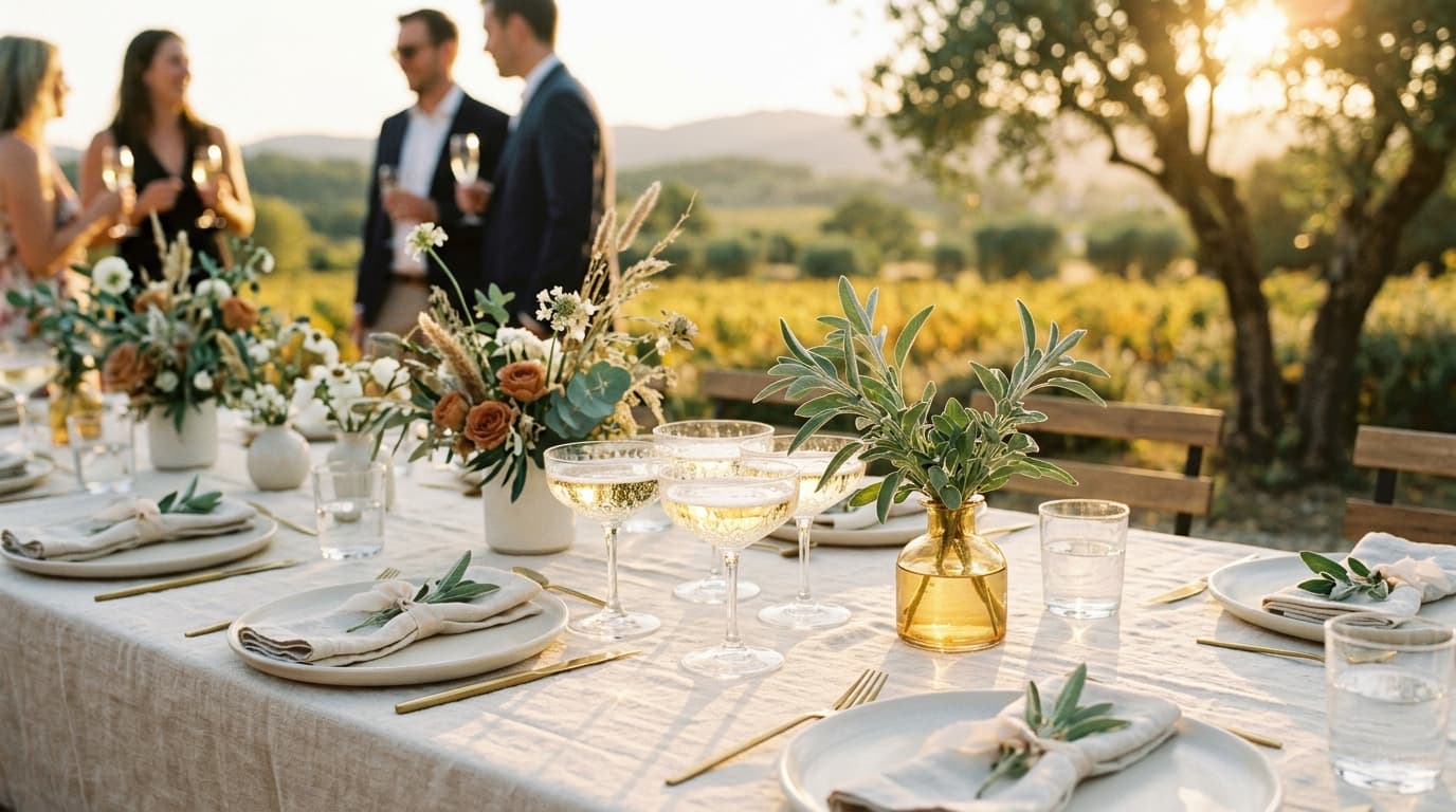 Taças de espumante em mesa de banquete de casamento ao ar livre ao entardecer