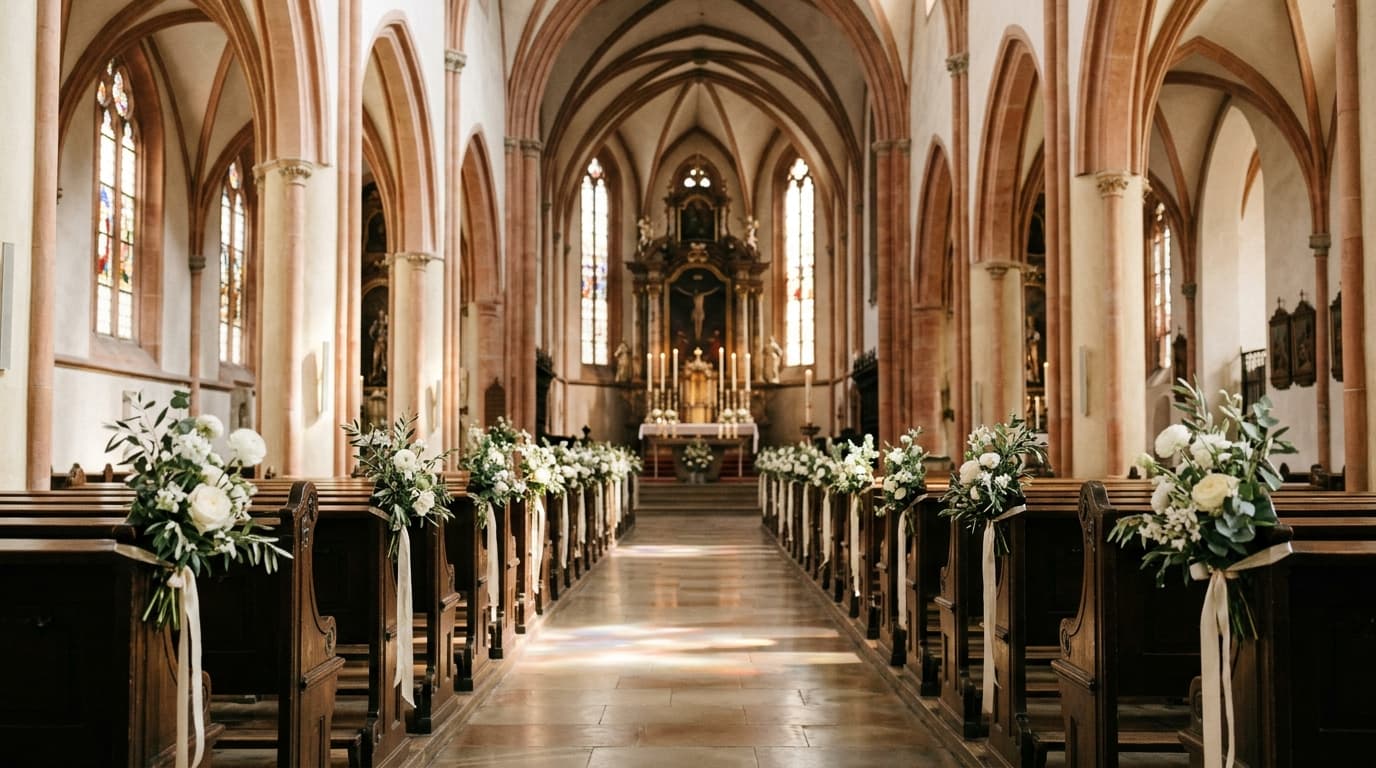 Interior majestoso de igreja histórica com nave central iluminada por luz natural suave e bancos decorados com flores brancas