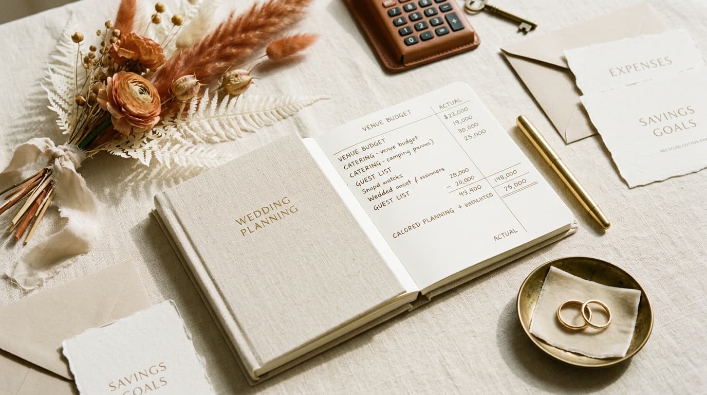 Caderno de planejamento financeiro de casamento com caneta dourada e alianças em fundo de linho