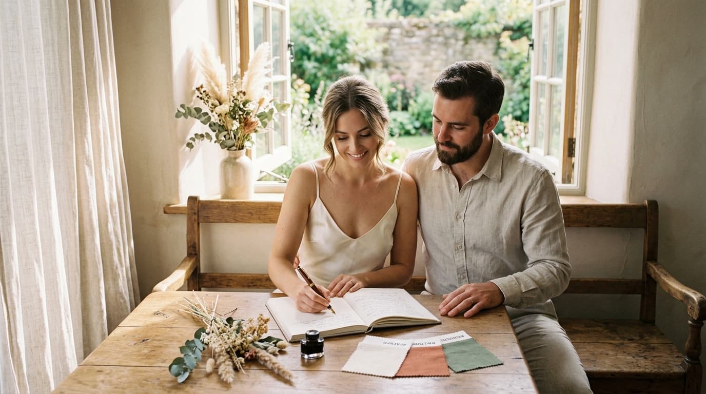 Noivos sentados juntos planejando o cronograma de casamento em caderno de linho