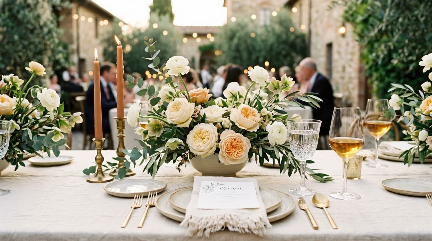 Mesa de banquete de casamento elegante com arranjos florais orgânicos, velas terracota e linho natural