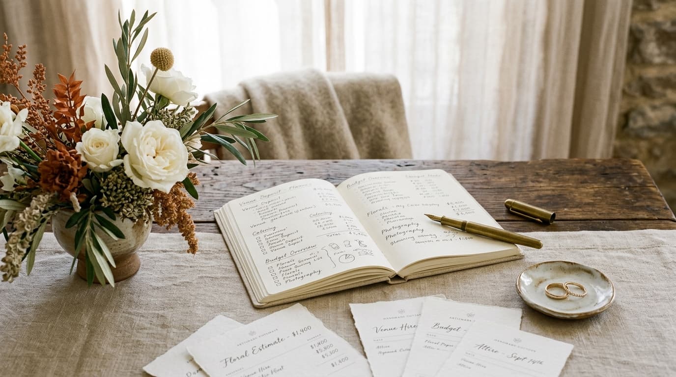 Mesa de planejamento de casamento elegante com caderno em linho, caneta clássica e flores sutis