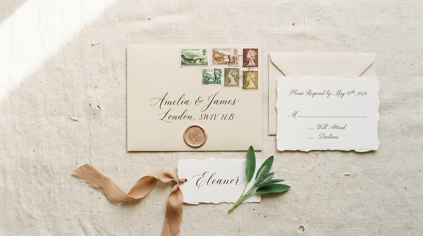 Papelaria minimalista de casamento com convite em caligrafia, envelope e cartões de RSVP em linho creme