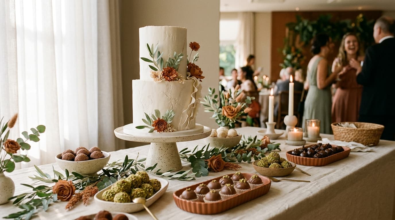 Mesa de doces de casamento refinada em estilo editorial Vogue Weddings, com bolo minimalista em pedestal cerâmico, doces finos em bandejas terracota e linho cru