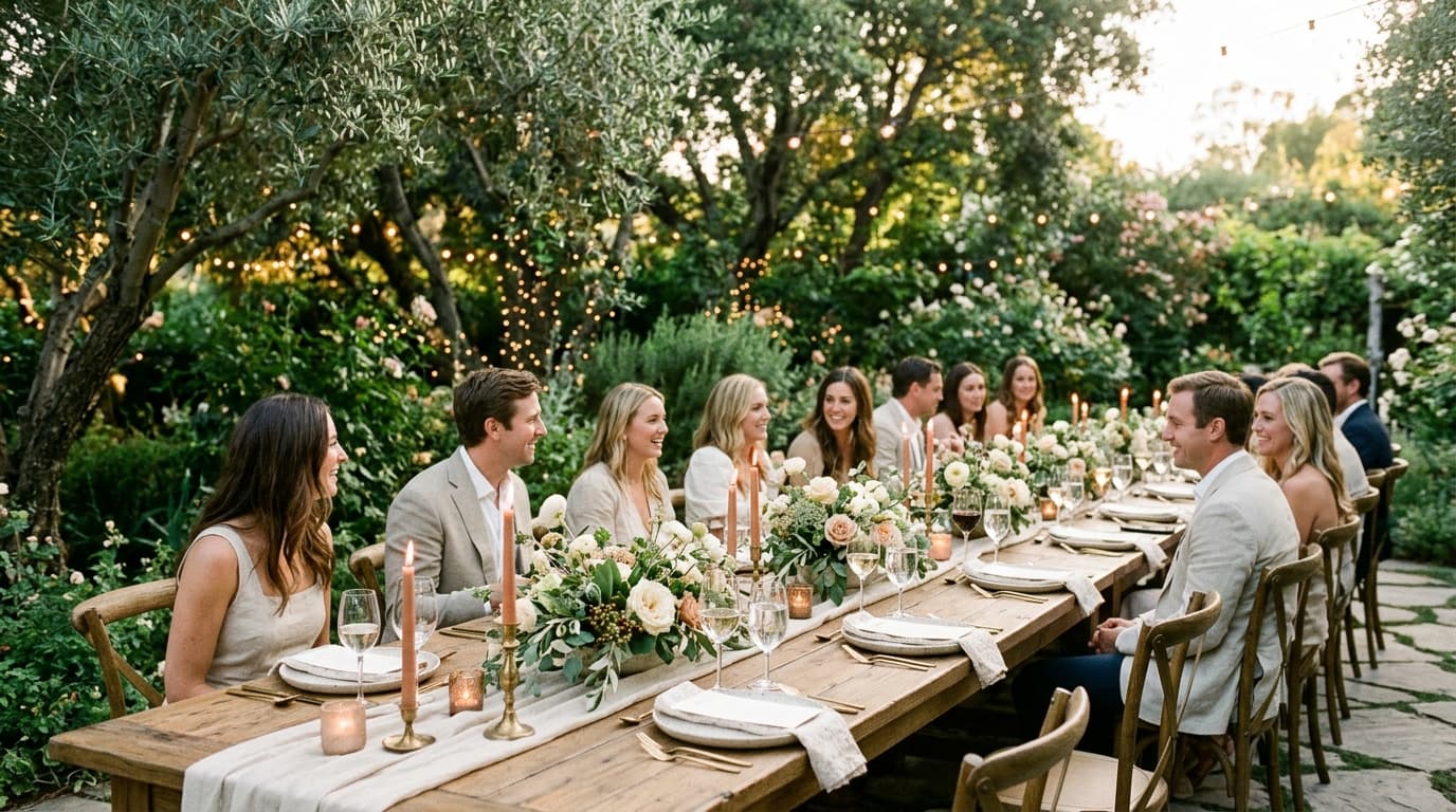 Mesa de banquete ao ar livre para mini wedding em jardim intimista ao entardecer com velas e folhagens
