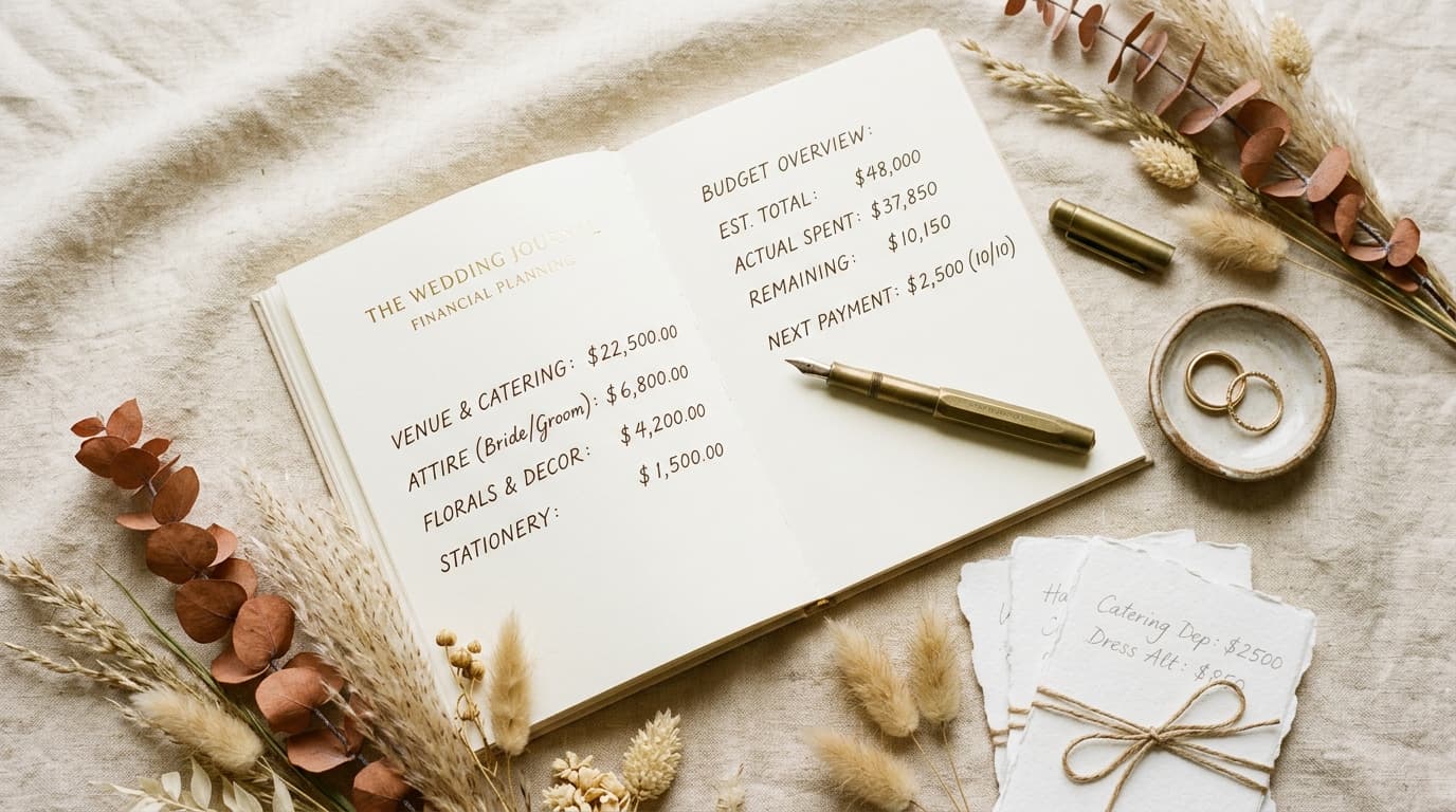 Caderno de planejamento financeiro de casamento com caneta de latão, alianças de ouro e flores secas sobre linho cru